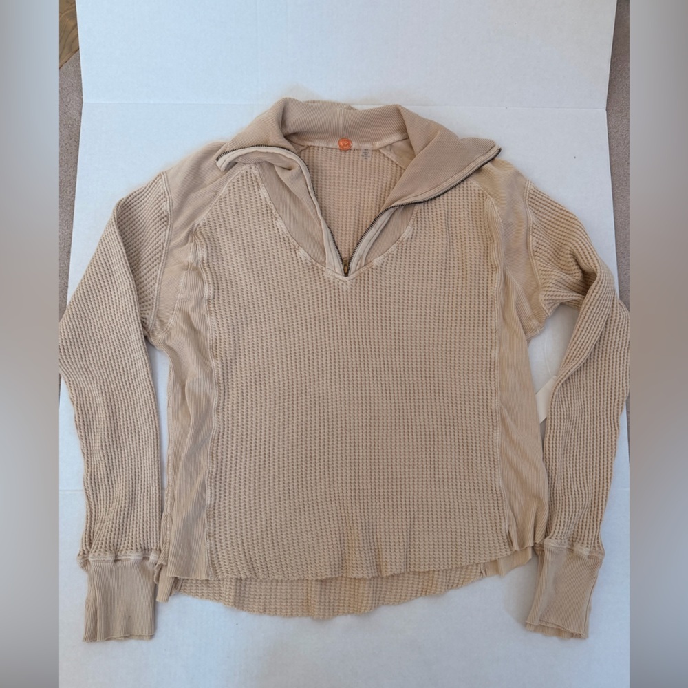 Free People Ashton Half Zip Thermal Beige Sweater
